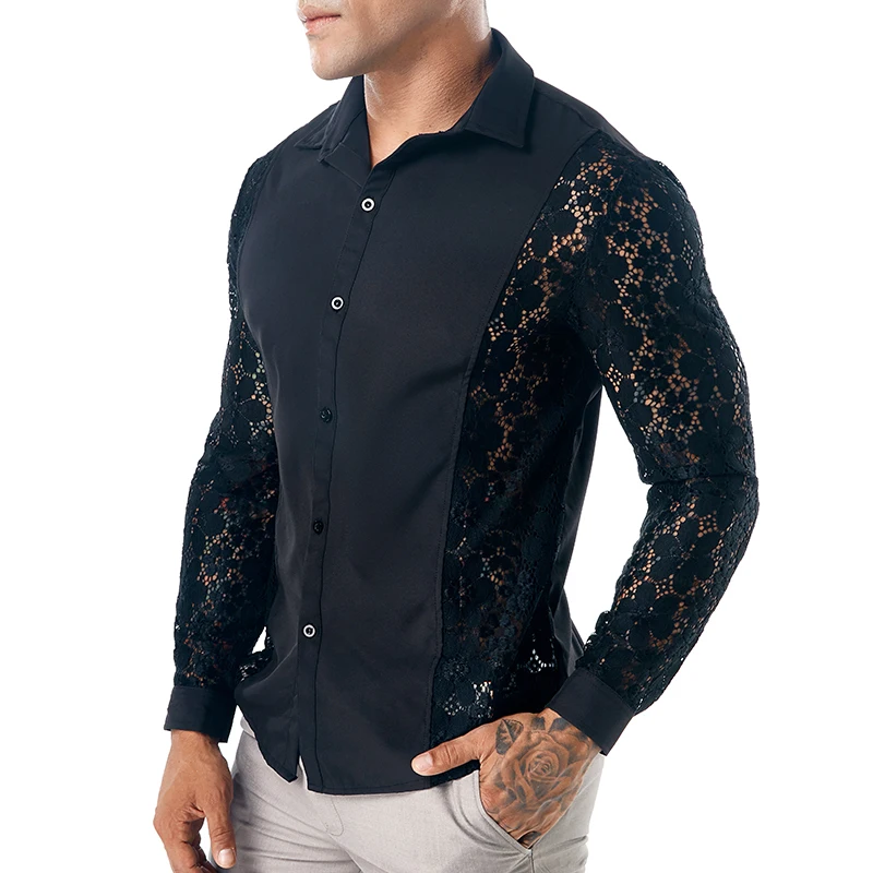 MIXCUBIC 2018 Autumn College style Unique arm lace shirts men casual slim Stitching lace shirts for men,size S-XXL