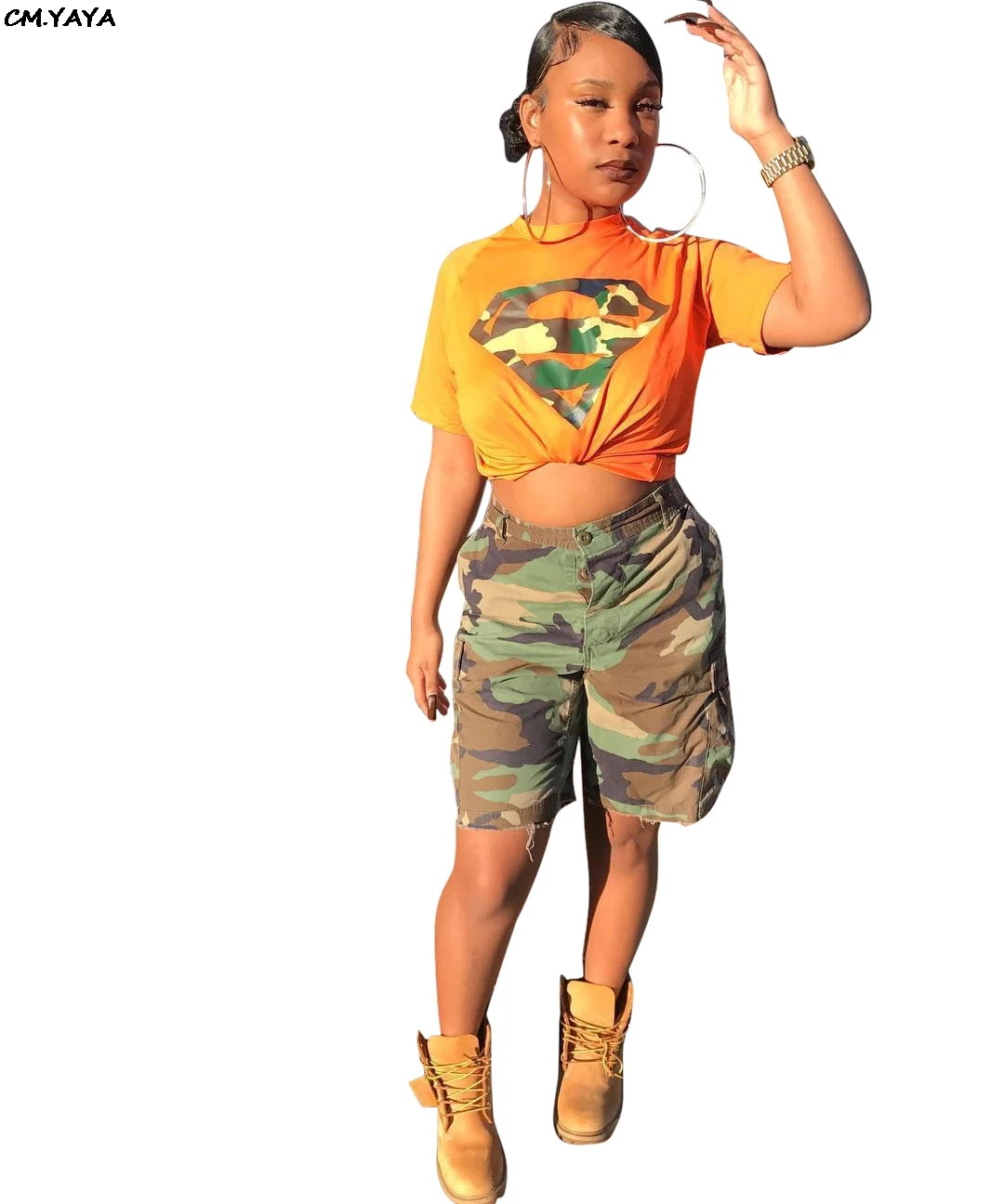 

2019 women summer short sleeve camouflage print tee top & knee length pants military 2pcs women's set tracksuit outfit M5071