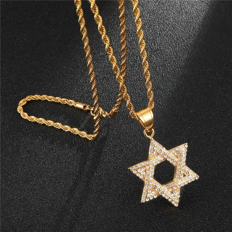 

Hip Hop Stainless Steel Micro Pave Full Rhinestone Iced Out Bling Jewish Magen Star of David Pendants Necklaces for Men Jewelry