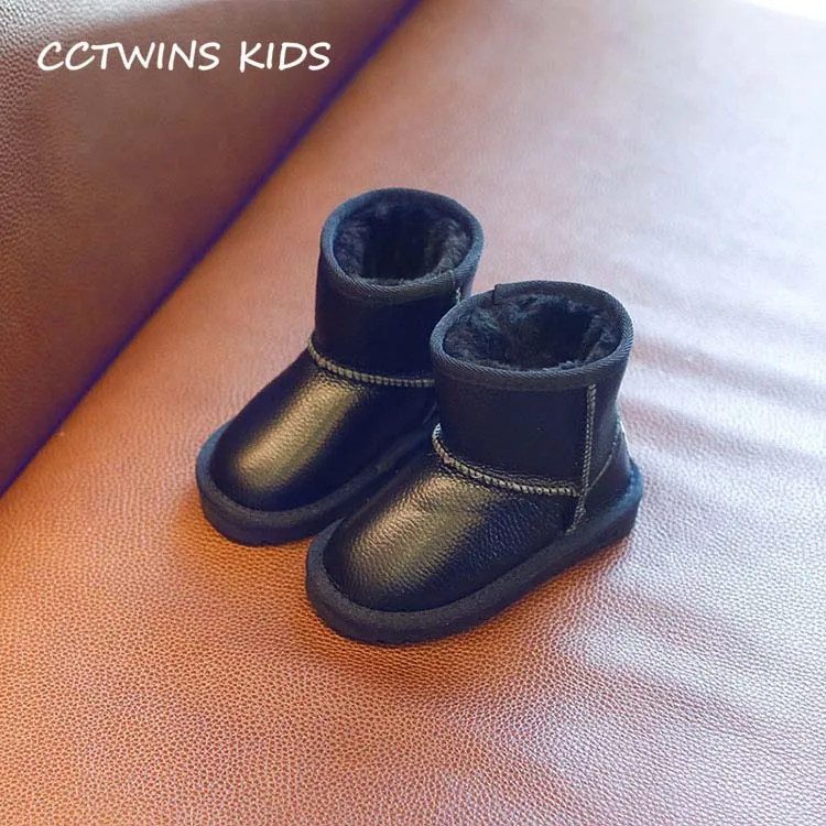 CCTWINS KIDS/ г.; ботинки из натуральной кожи для малышей; фирменные Теплые Зимние ботиночки без застежки для маленьких девочек; цвет розовый, черный; C1275 - Цвет: Черный