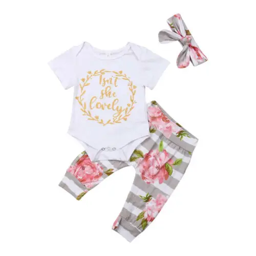 Одежда для новорожденных девочек; комбинезон из 3 предметов; топы; штаны с цветочным принтом; повязка на голову