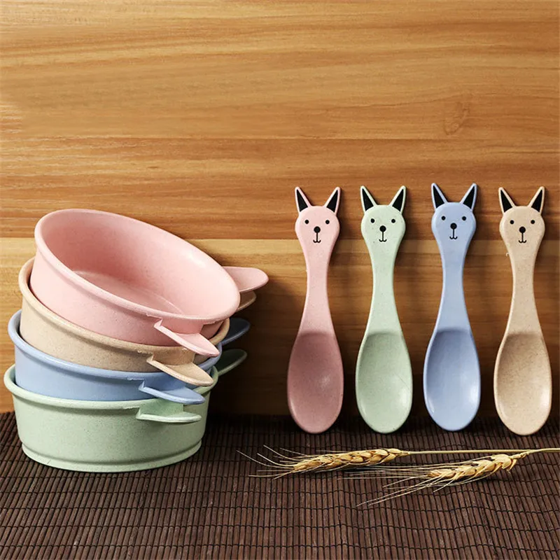 Lovely Children Tableware Set Big Ears Rabbit Shape Bowl+Fun Pattern Spoon Wheat Straw Material Kids Resistance Feeding Bowl