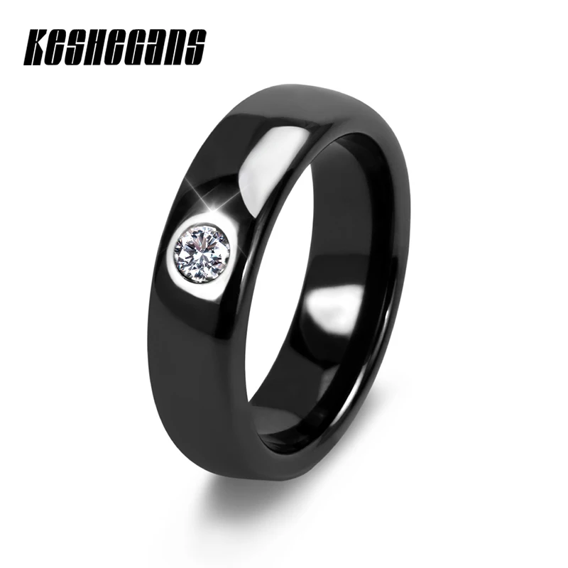 Classic Black White Smooth Ceramic Ring With 1 Shining Crystal Best Gift For Women Girl Fashion Jewelry Wedding Party 6mm Wide | Украшения