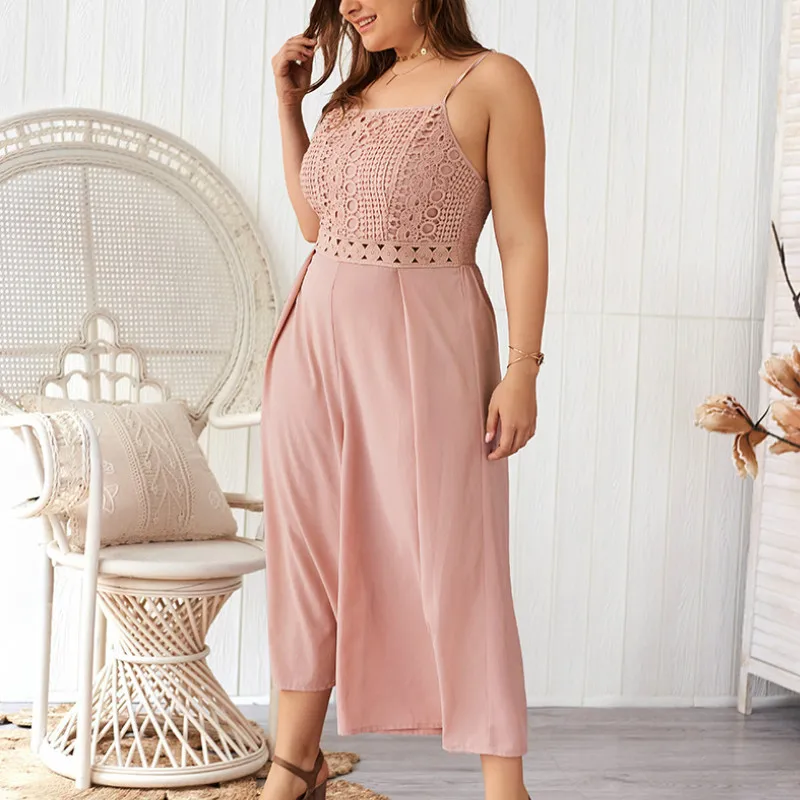 

Jumpsuits Rompers Women Plus Size 4XL Summer Autumn Jumpsuit Sleeveless Lace Hollow Out Overalls Wide Leg Pants Female Pink A037