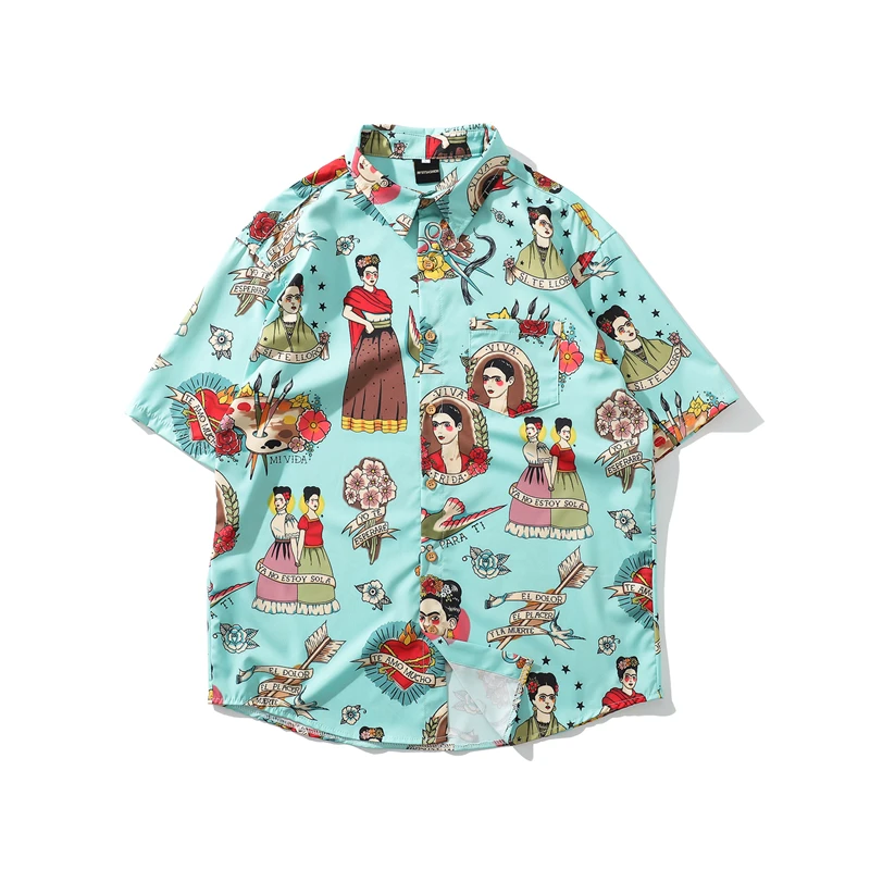 Японская рубашка Ukiyo E в стиле аниме, Высококачественная гавайская рубашка с принтом, летняя Мужская винтажная Повседневная рубашка, Повседневная рубашка в стиле хип-хоп, уличная одежда - Цвет: 1
