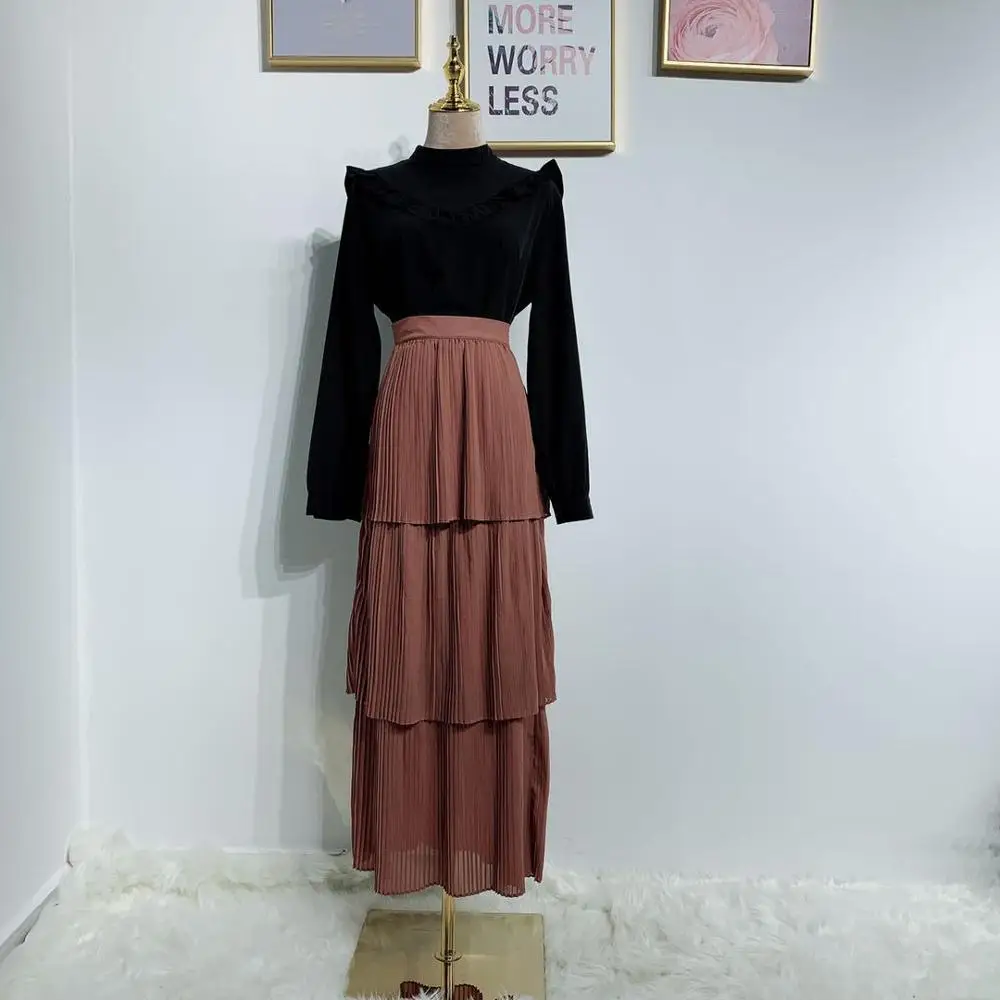 Fashion Women's Pleated Tulle Skirt High Waist Bodycon Long Women's Modest Muslim Bottoms Long Midi Skirts Party Ramadan Islamic