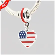 Подходит для Pandora Bacelets США сердце флаг Подвески стерлингового серебра 925 прекрасные драгоценные бусы