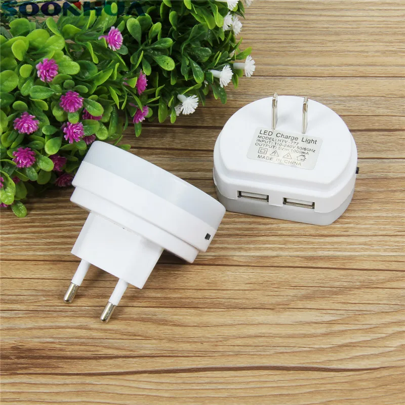 

SOONHUA 5V 2.1A 2 USB Port Quick Charger Smart Night Lamp Control Wall Charging Adapter With US EU Plug For iPhone iPad Samsung