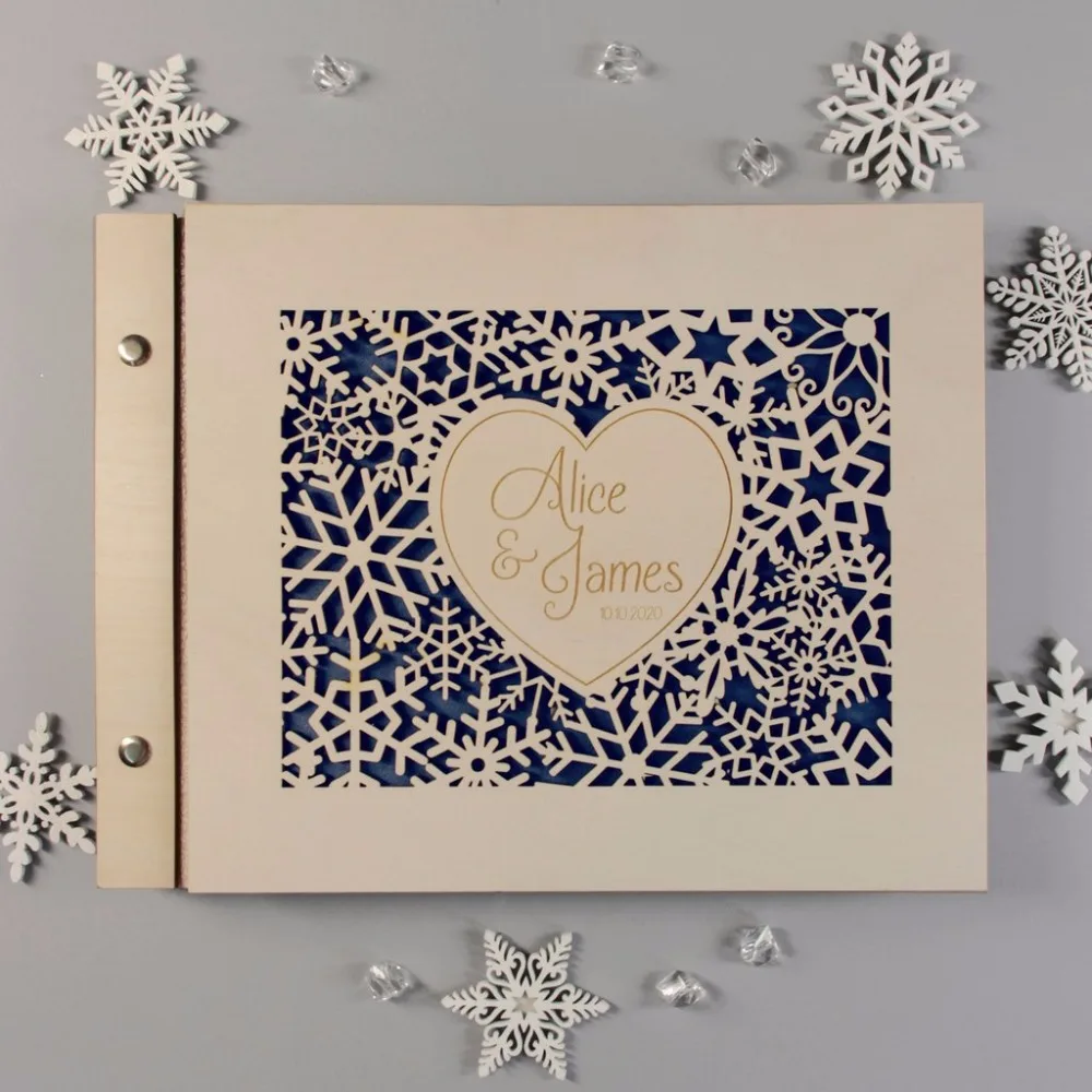 

BEAUTIFUL WEDDING BOOK SNOWFLAKES CUT WINTER PERSONALISED GUEST BOOK