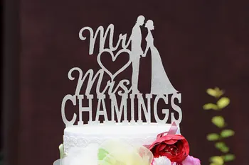 

glitter Wedding Cake Topper Monogram Mr and Mrs Couple Silhouette bride and groom last name color to choose