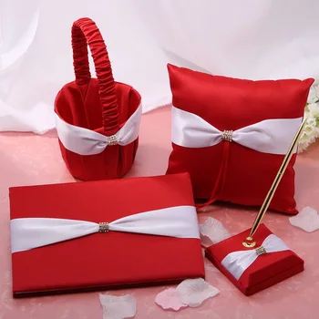 

Red Color Wedding Collection Set in Satin (Set of 5) Wedding Guestbook Ring Pillow Pen Set and Flower Basket
