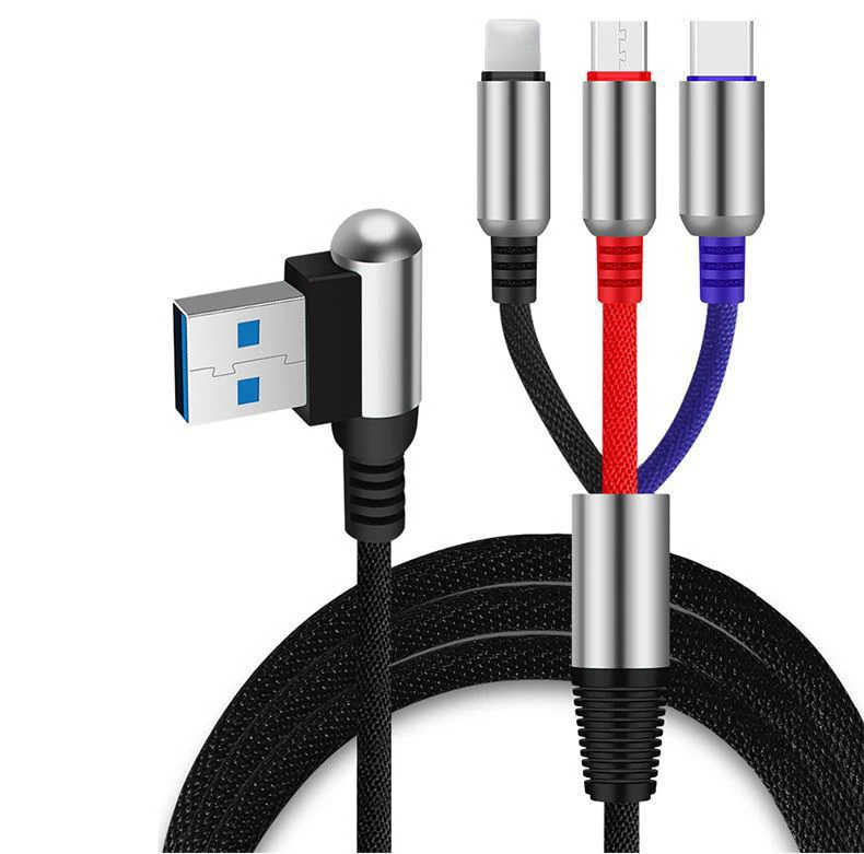 3 в 1 USB кабель из алюминиевого сплава 90 градусов Micro usb type C кабель для huawei Xiaomi Redmi usb-кабель для Samsung для iPhone XR XS MAX - Цвет: Black