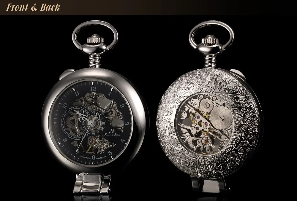 KS роскошный черный чехол с подставкой, аналоговые механические наручные часы Relogio Fob с подвеской на цепочке в стиле стимпанк, мужские карманные часы/KSP063