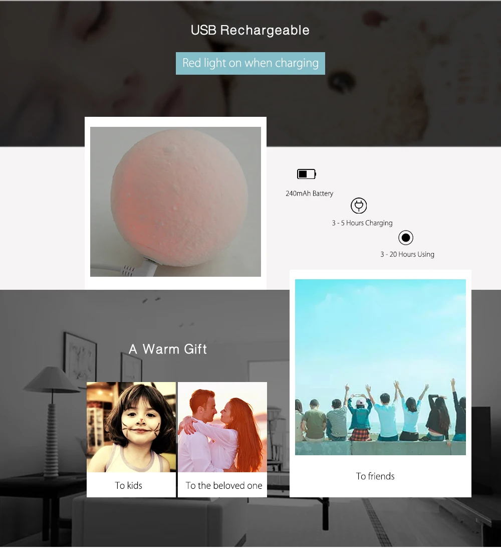 В продаже красота Луна Форма ночник перезаряжаемый 3D принт ночной луна лампа изменение сенсорный выключатель спальня ночник Декор подарок