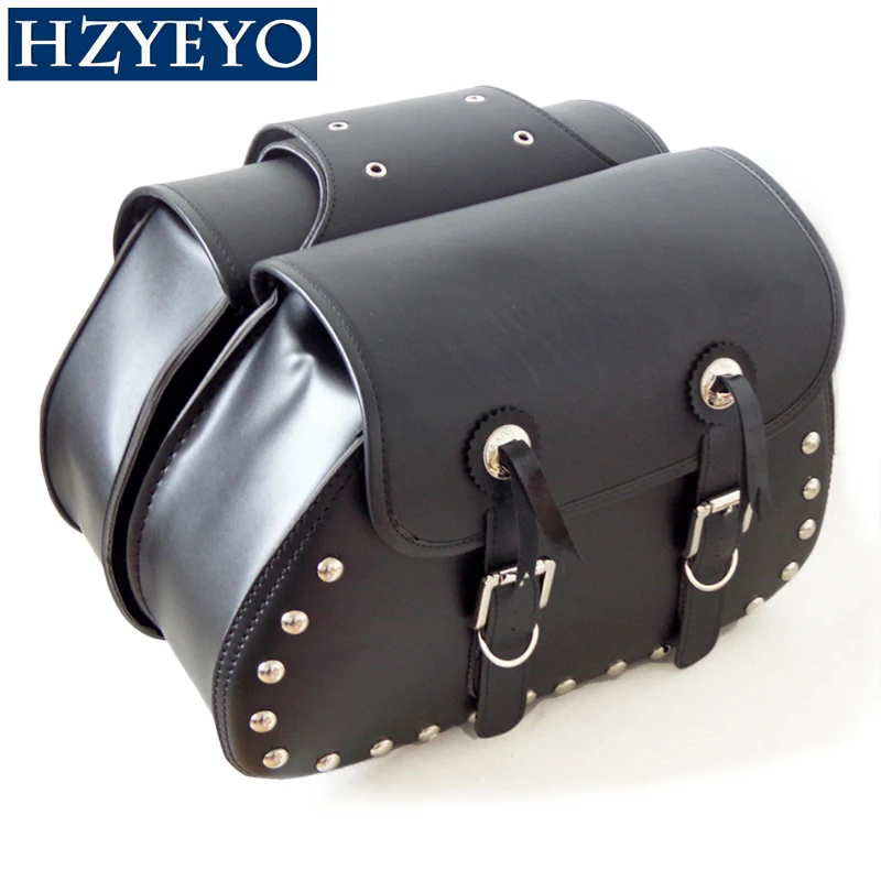 

HZYEYO 2 x universal Black faux Leather Motorcycle Saddlebags Saddle Bags Left & Right Pouch studded accents double buckles D806