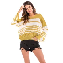 Женский свитер в полоску с v-образным вырезом в европейском и американском стиле, футболка с длинными рукавами, женская рубашка