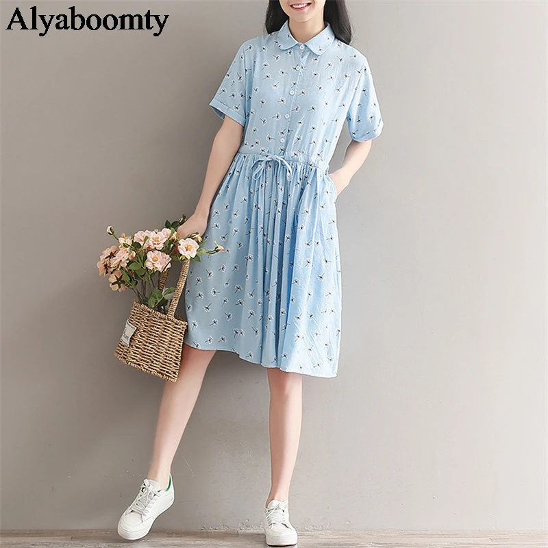 

Floral Print Summer Women Sweet Blue Dress Cotton Linen String Vestidos Mujer Short Sleeve Mori Girl Casual Clothes Dress