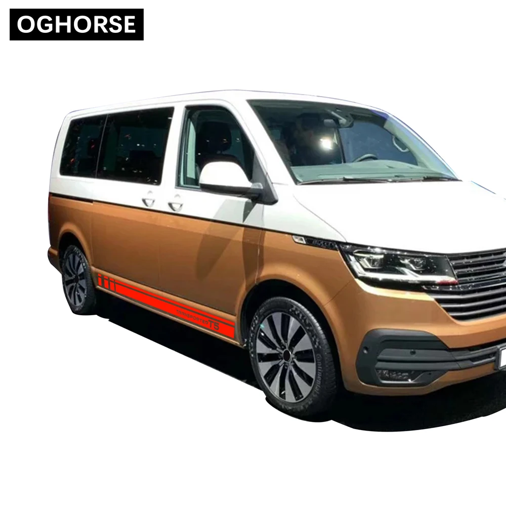 A Pair Racing Stripes Door Side Stripes Skirt Sticker Graphics Body Vinyl Decal For Volkswagen TRANSPORTER T5 T6 Accessories