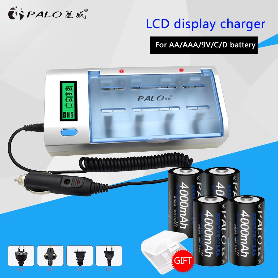 2017 LCD Multifunction Fast Battery Charger For NIMH NICD AA/AAA/SC/C/D/9V Battery +4pcs 4000mah