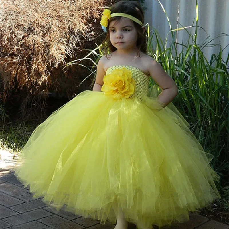 Yellow,Pink Flowers Tutu Dress Kids Girls Tulle Princess ...