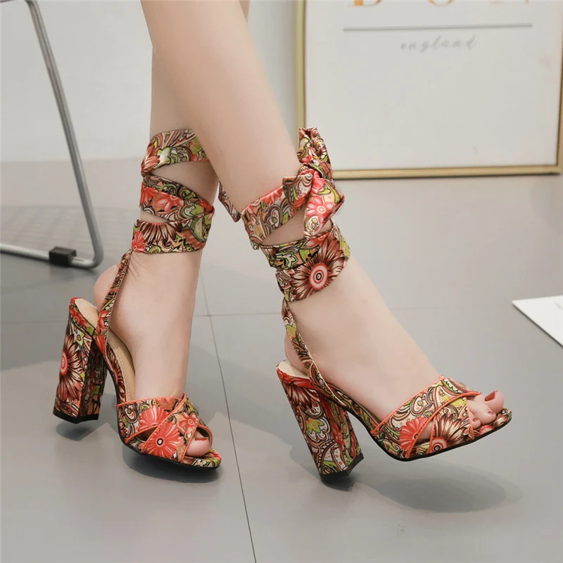 2019 Women Summer Fetish 10.5cm High Heels Chunky Sandals Lady Strap Flower Print Pumps Female Blue Block Heels Red Shoes YQS-2 2019 Women Summer Fetish 10.5cm High Heels Chunky Sandals Lady Strap Flower Print Pumps Female Blue Block Heels Red Shoes YQS-2