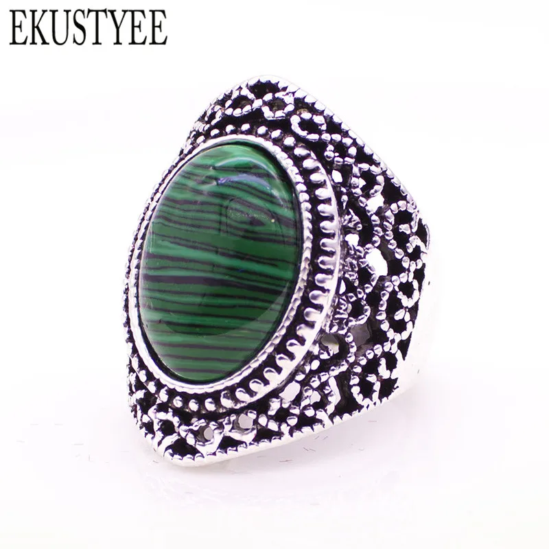 

EKUSTYEE Hollow Green Stone Rings men and women High Quality Vintage Ancient silver Plated Stone Rings Newest Fashion Jewelry