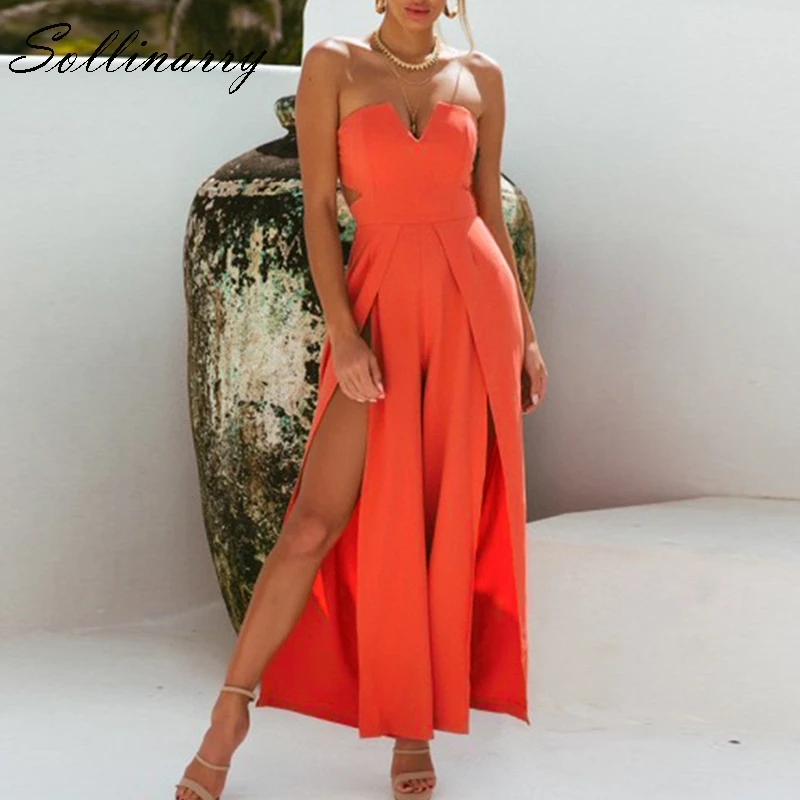 

Sollinarry 2019 Stylish Wide Leg Strapless Jumpsuits Casual High Waist Split Sexy Jumpsuit Women OL Lady Hollow out Long Rompers