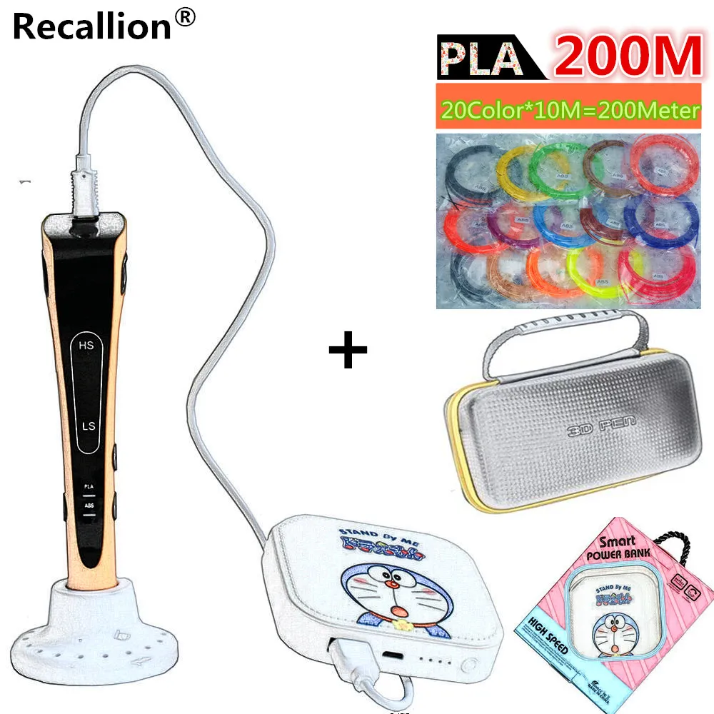 

Recallion 3D Pen+Power Band+100/200 Meter(20 Color) PLA Fialemt+Function Box 3D Printing Pen 5V/2A USB Charging Pen 3D Printing