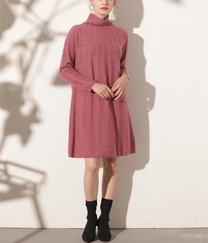 goat cashmere thick twisted knit women fashion high collar pullover sweater dress mid-long H-straight solid color S/M/L