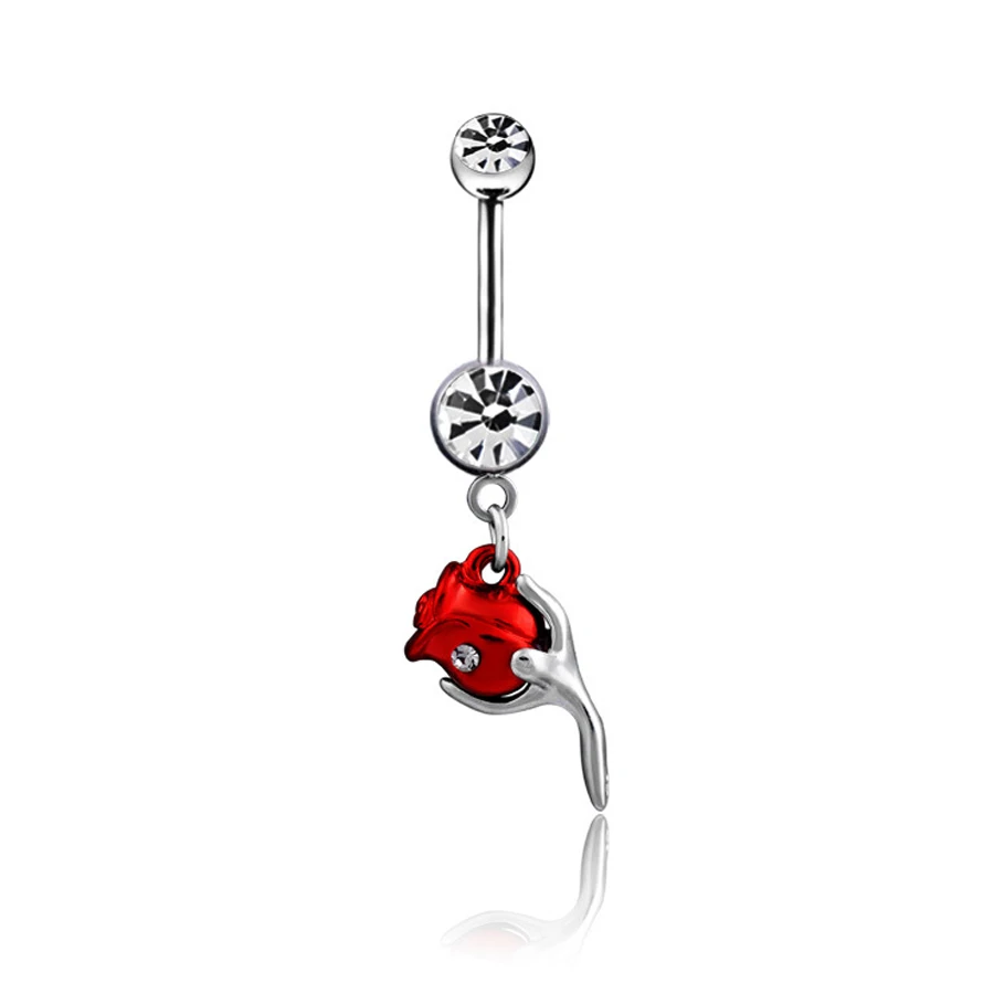 Romantic Rose Flower Navel Piercing, Red Rose Belly Button Rings Summer
