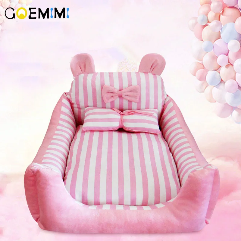 

2018 New Dog Cute Striped Bed Bow Design Puppy Pet Cushion Soft Comfortable Warm Bed House Pad Warm Pet House