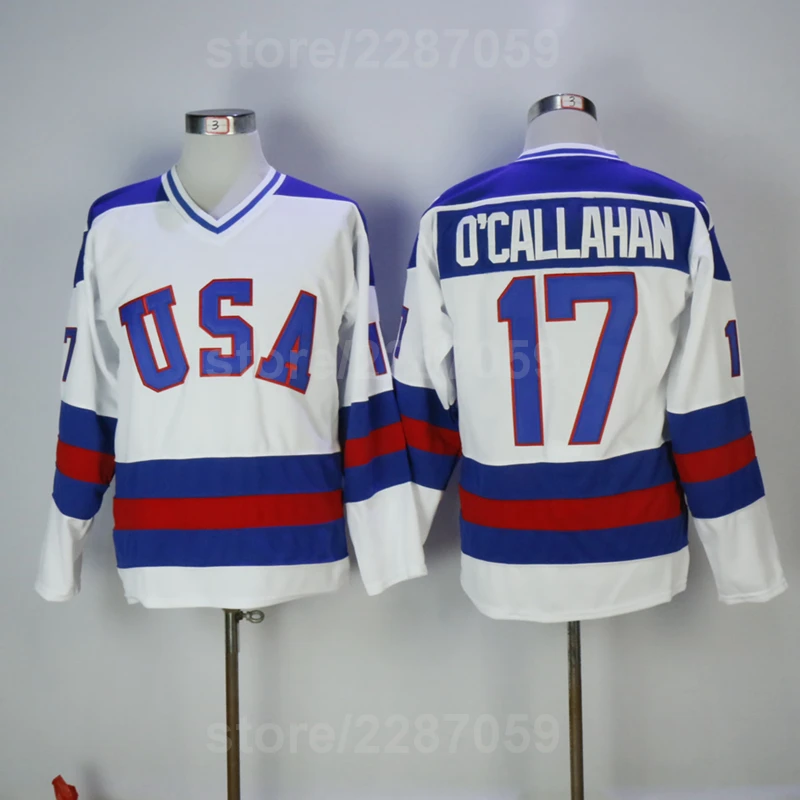 

Ediwallen Men Ice Hockey 17 Jack Ocallahan 1980 USA Vintage Jerseys Team Blue Alternate White For Sport Fans High Quality