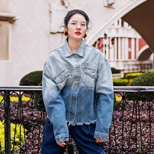 Женская винтажная джинсовая куртка, потертое хлопковое джинсовое пальто синего цвета с длинным рукавом и отложным воротником для весны и осени