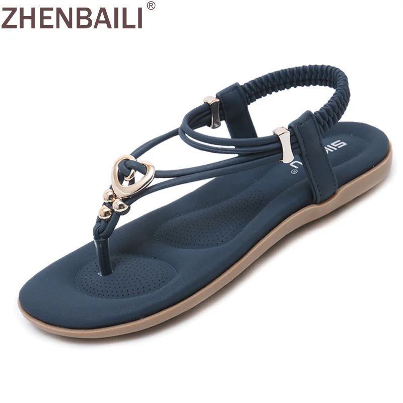 

ZHENBAILI Casual Shoes Flats Bohemia Sandals Women Flip Flops Comfort Soft Shoes String Bead Metallic Gladiator Rome Sandals