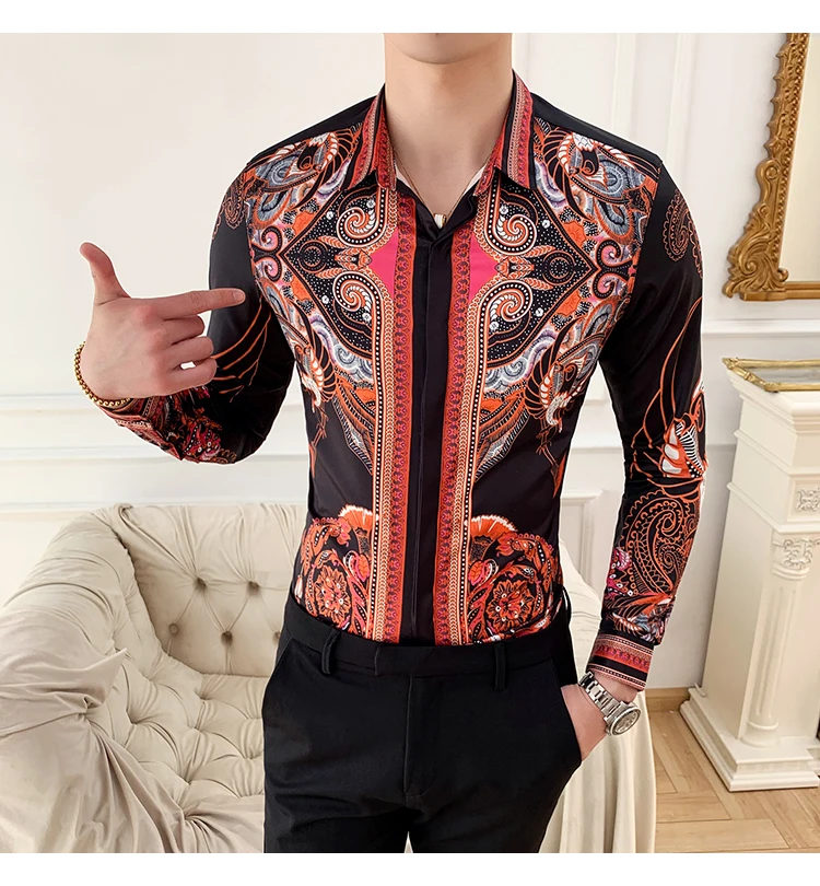 Корейские модные новые Клубные рубашки Camisa с принтом, мужские повседневные Атласные Рубашки, дизайнерская мужская футболка с цветами