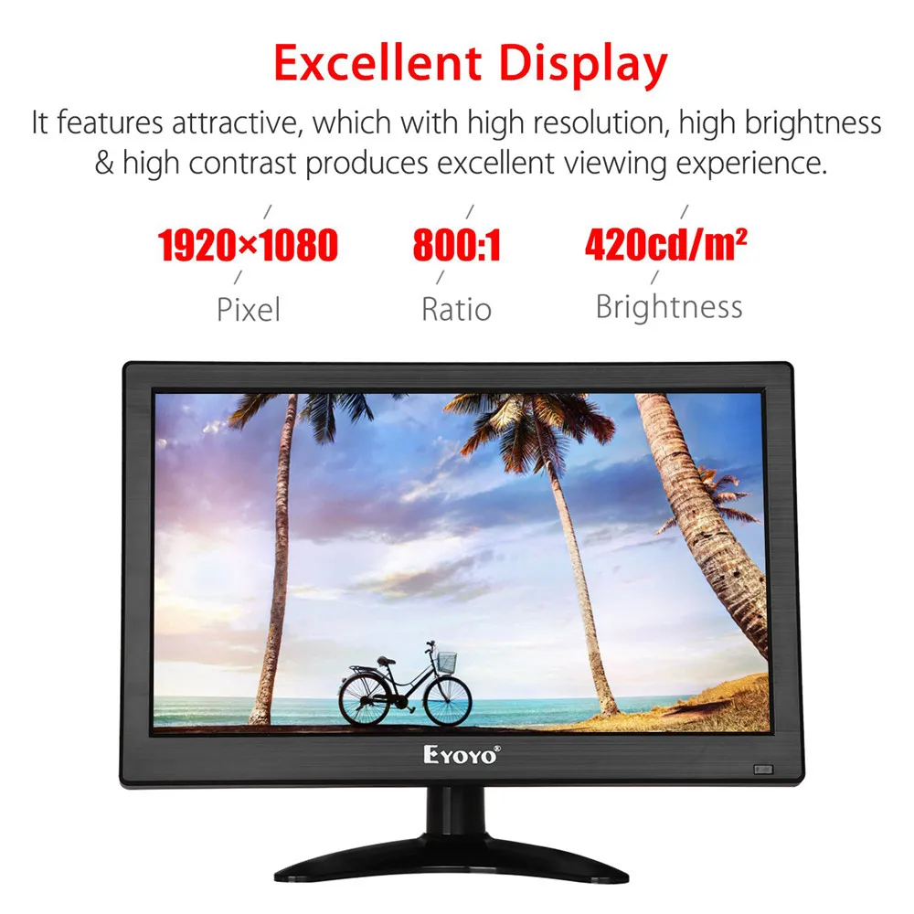 Eyoyo 12 inch HD 1920x1080 IPS LCD HDMI Monitor Screen Input Audio Video Display with BNC Cable for PC Camera DVD Security CCTV