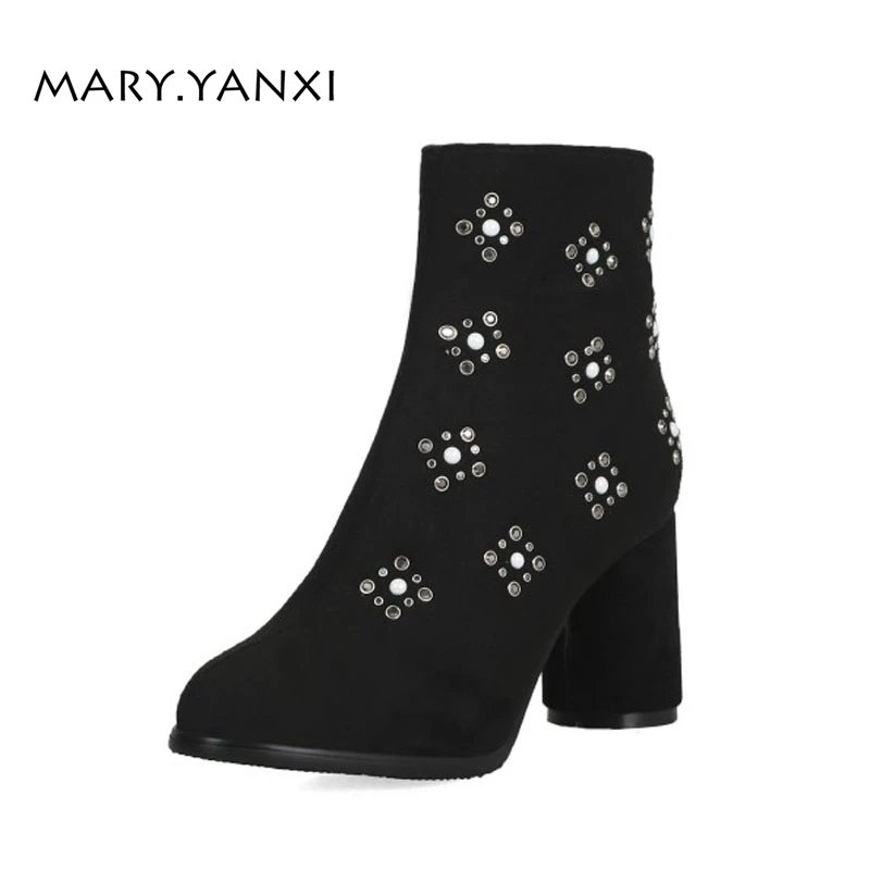 

Winter Women Shoes Ankle Chelsea Boots Flock Nubuck Square High Heel Fashion Pointed Toe Zip Short Plush Solid Plus Size Fleeces