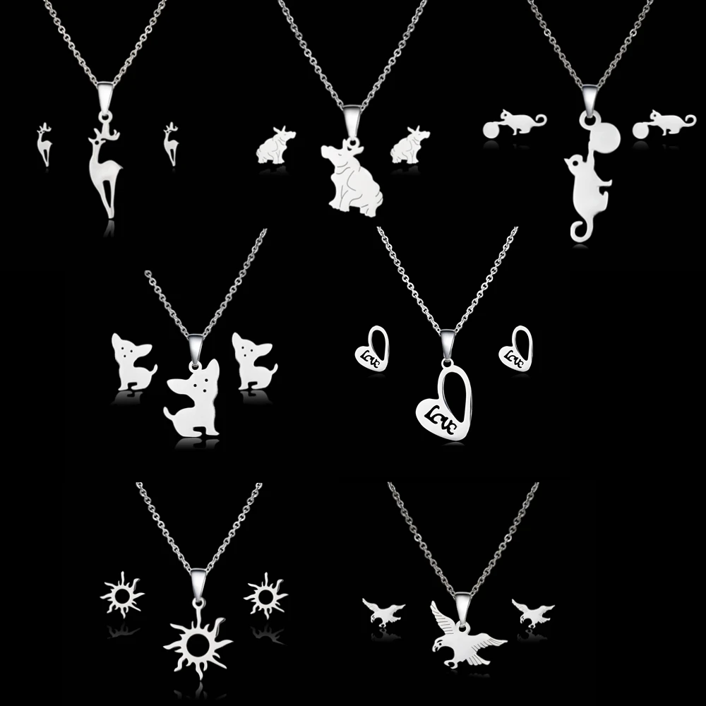 

7 styles stainless steel Jewelry Set Love Sun Eagle cat Hippo deer dog animal earring Pendant Necklace for women men jewelry set