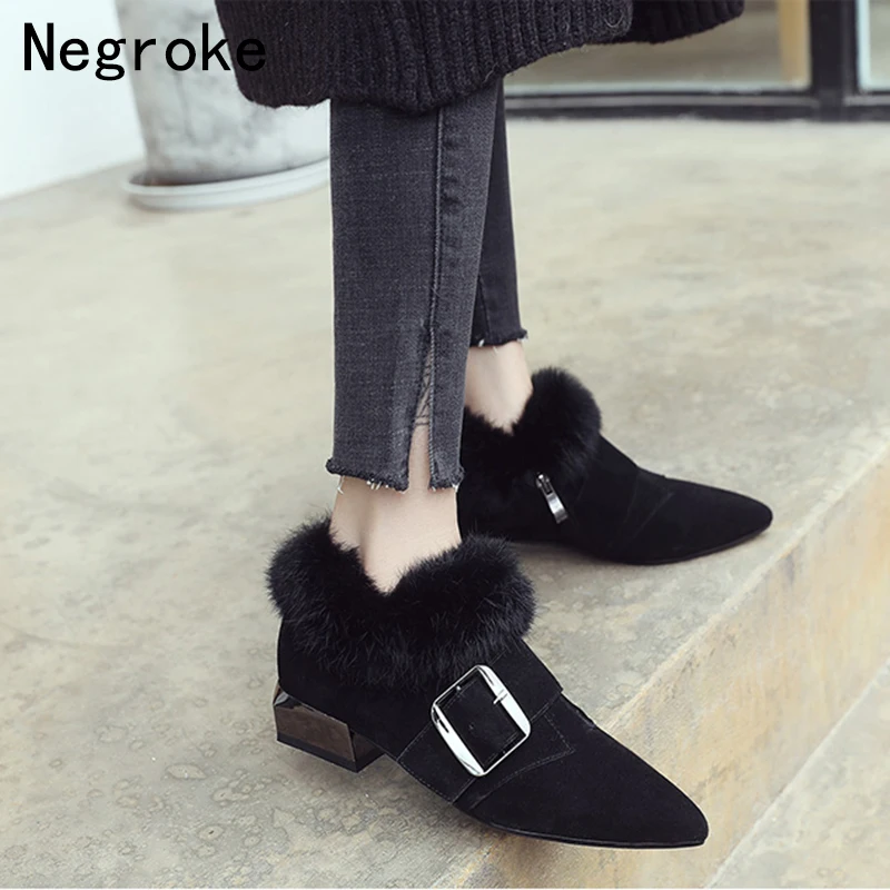 

Pointed Toe Ankle Boots Women Low Heel Winter Shoes Brand Designer Buckle Casual Booties Fluffy Plush Short Boot Rubber Footwear