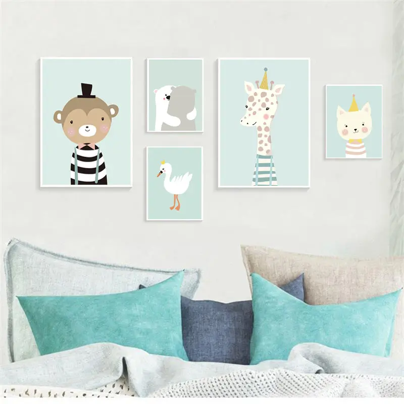 Cute Cartoon Animal Home Decor Nordic Canvas Painting Wall Art Print ...