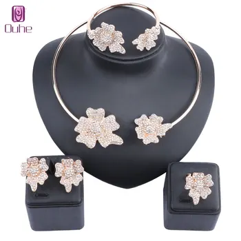 

Latest Best Quality Flower Jewelry Dubai Gold Color Jewelry sets African Beads Crystal Necklace Earring Bangle Ring Jewellery
