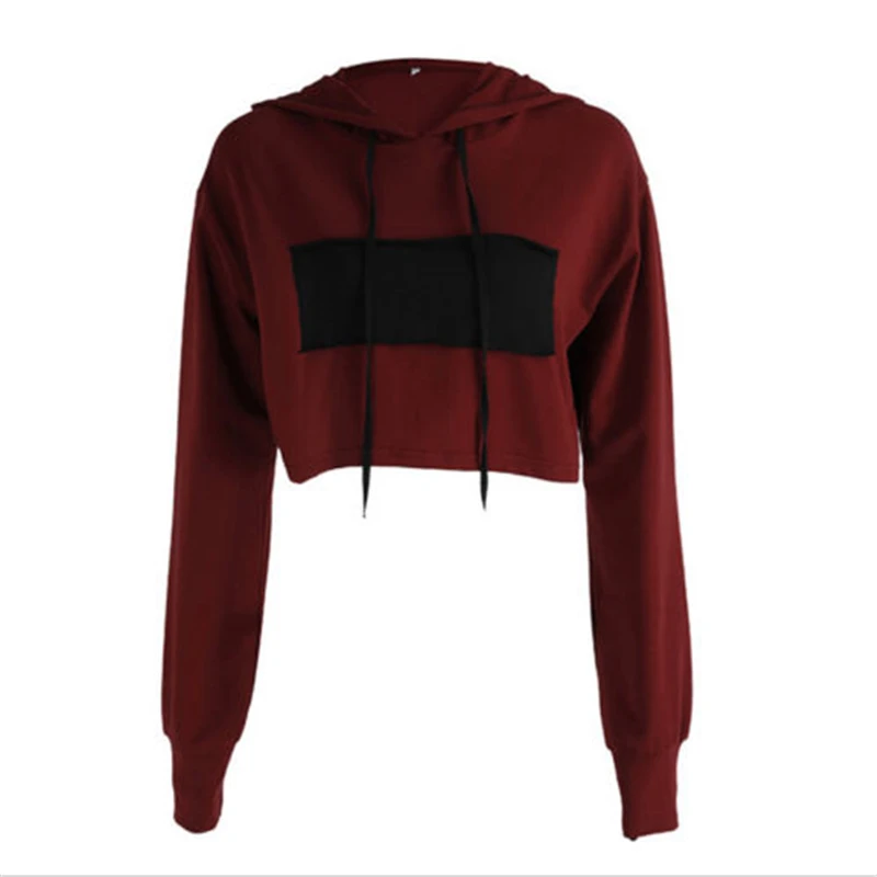 

2019 Autumn Women Casual Loose Hoodies Long Sleeve Crop Top O Neck Sexy Sweatshirt Wine Red and Black Patchwork Pullovers