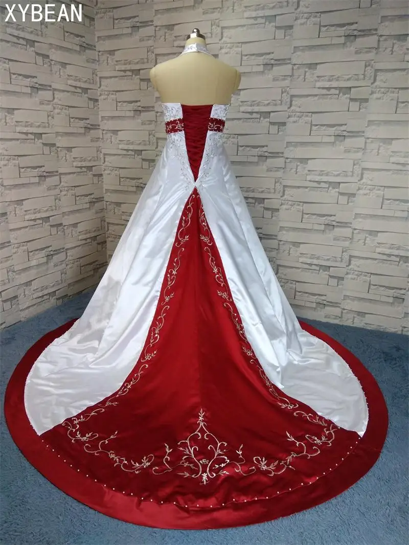 2017 Free Shipping Beading embroidery A line Strapless With Train Red and white Wedding Dresses