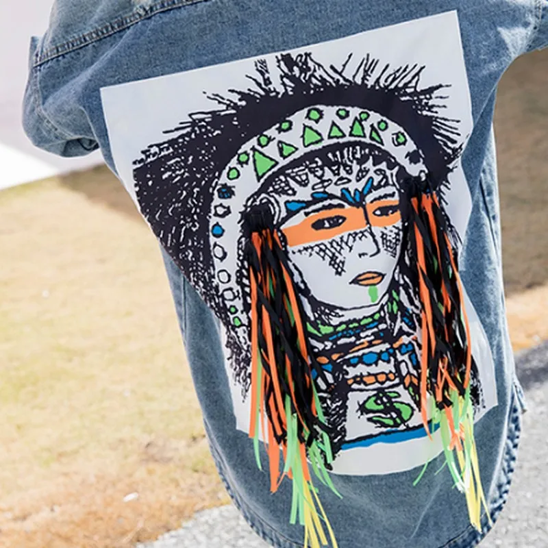 Autumn Boyfriend Style Jeans Jacket Woman Character Patch Tassel Denim Long Coat Female Streetwear Hole Women's Denim Jacket