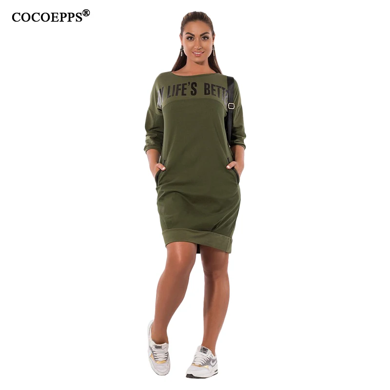 CACNCUT 5XL 28XL осенне-зимнее женское платье большого размера с буквенным принтом повседневное Спортивное платье большого размера с карманами Vestidos - Цвет: green