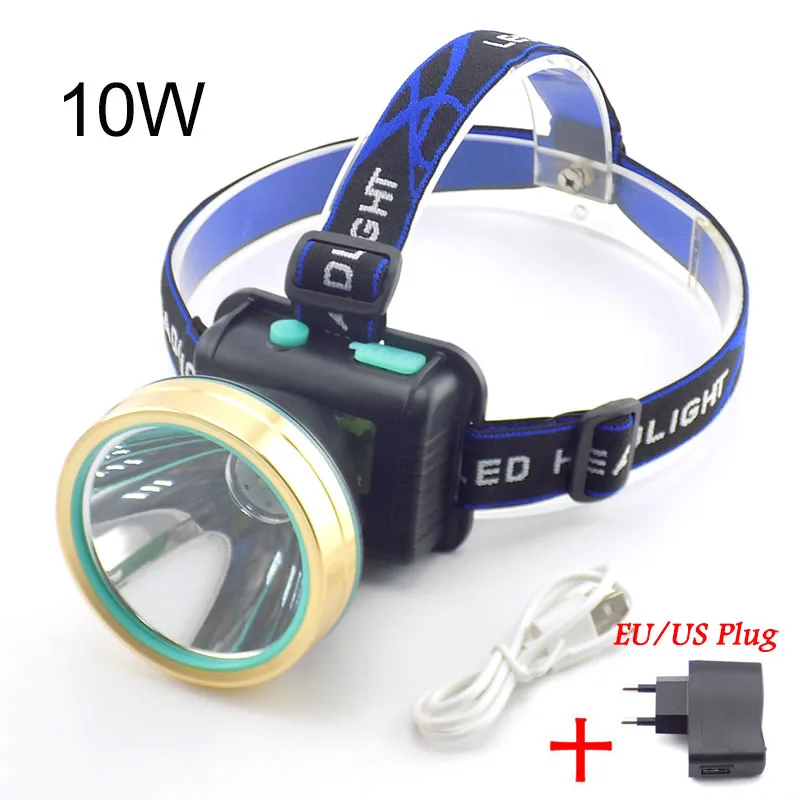 10WLamp with Charger Высокомощный светодиодный налобный фонарь, фонарь, вспышка, светильник Linterna, фронтальный светильник, USB головной светильник T6, для кемпинга, рыбалки, встроенный аккумулятор - Испускаемый цвет: 10WLamp with Charger