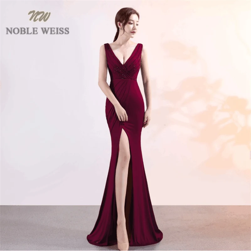 Благородное WEISS Элегантное Атласное выпускное платье с глубоким v-образным вырезом, Сексуальные облегающие высокие разрезы, корсет, Высококачественная вечерняя одежда, вечерние платья - Цвет: Красный