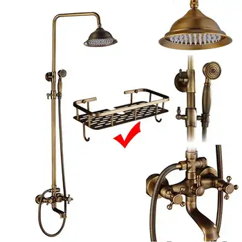 

Faucet Single Handle With Handshower + Shelf Bathroom Shower Mixer Tap Brass Antique Wall Mount Shower Set