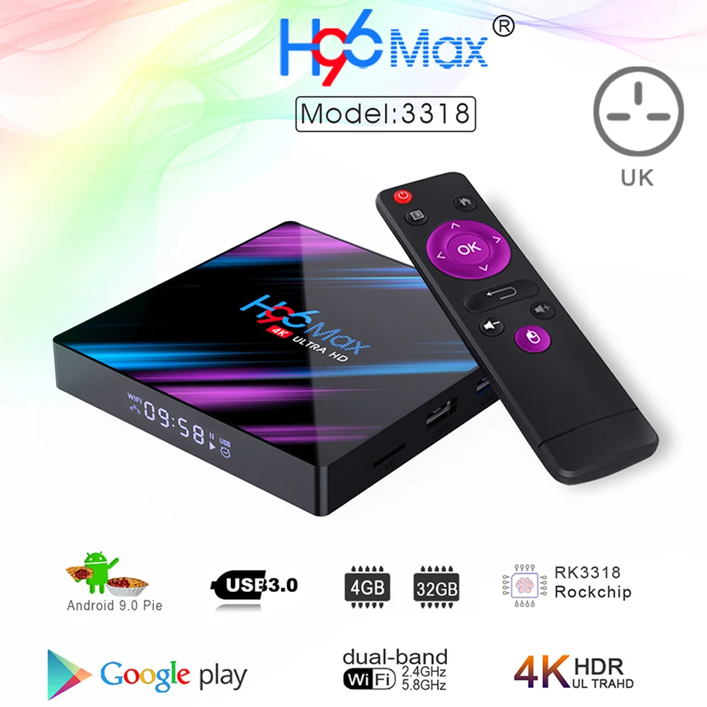 UK-4 32G H96 Max RK3318 четырехъядерный Смарт ТВ приставка Android 9,0 2,4G/5G Wifi Bluetooth 4,0 верхняя коробка медиаплеер GDeals - Цвет: UK-4 32G