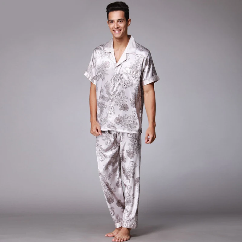 SSH021 осень лето Loungewear Короткие рукава длинные брюки пижамный комплект для мужчин с принтом атласные шелковые пижамы мужские пижамы Pijama Sleepwear